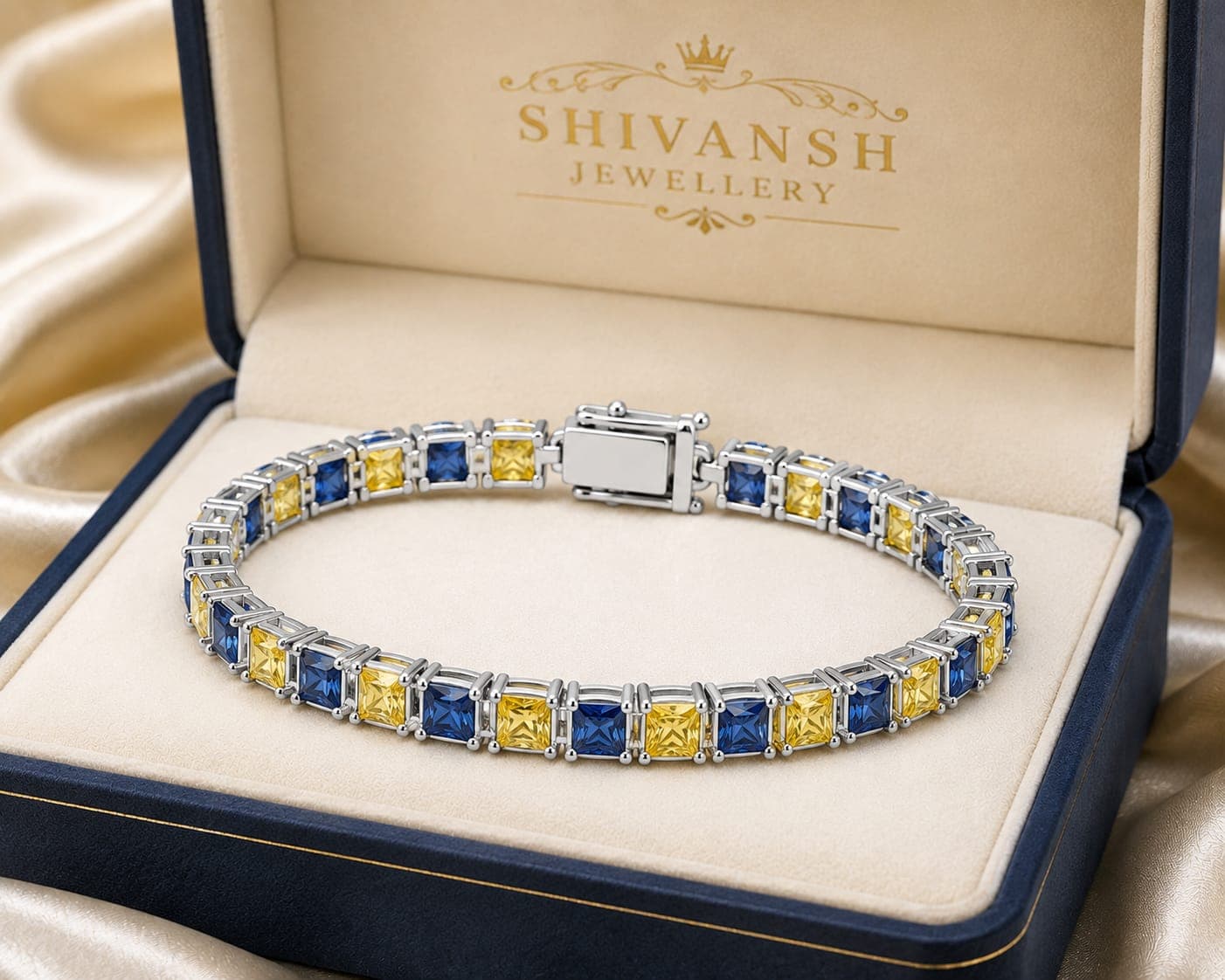 Princess-Cut Blue & Yellow Lab-Grown Diamond Bracelet