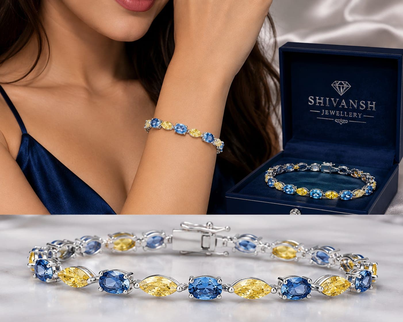 Blue Oval & Yellow Marquise Lab-Grown Diamond Bracelet