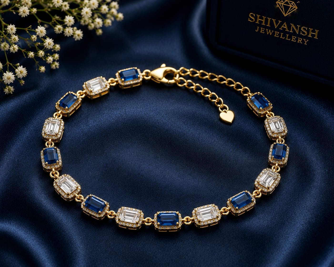 Emerald Blue & White Lab-Grown Diamond Bracelet — White Gold