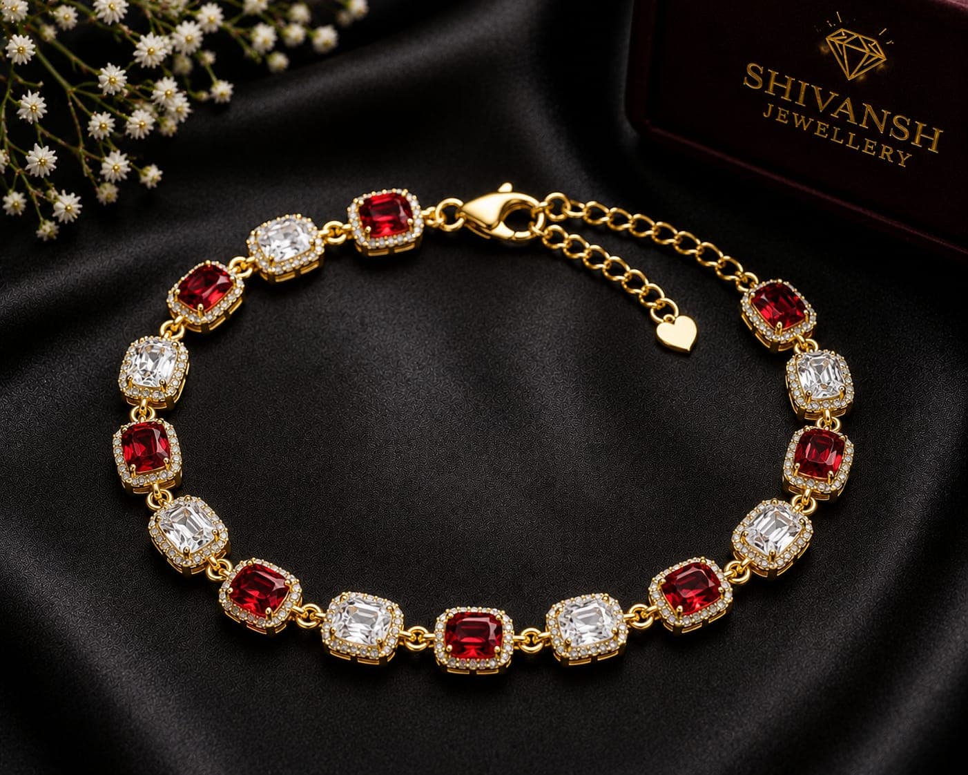 Red & White Lab-Grown Diamond Bracelet — White Gold