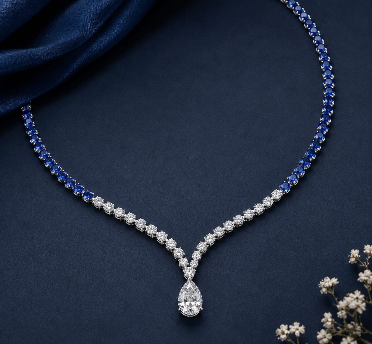 Luxury Blue & White Lab-Grown Diamond Statement Necklace