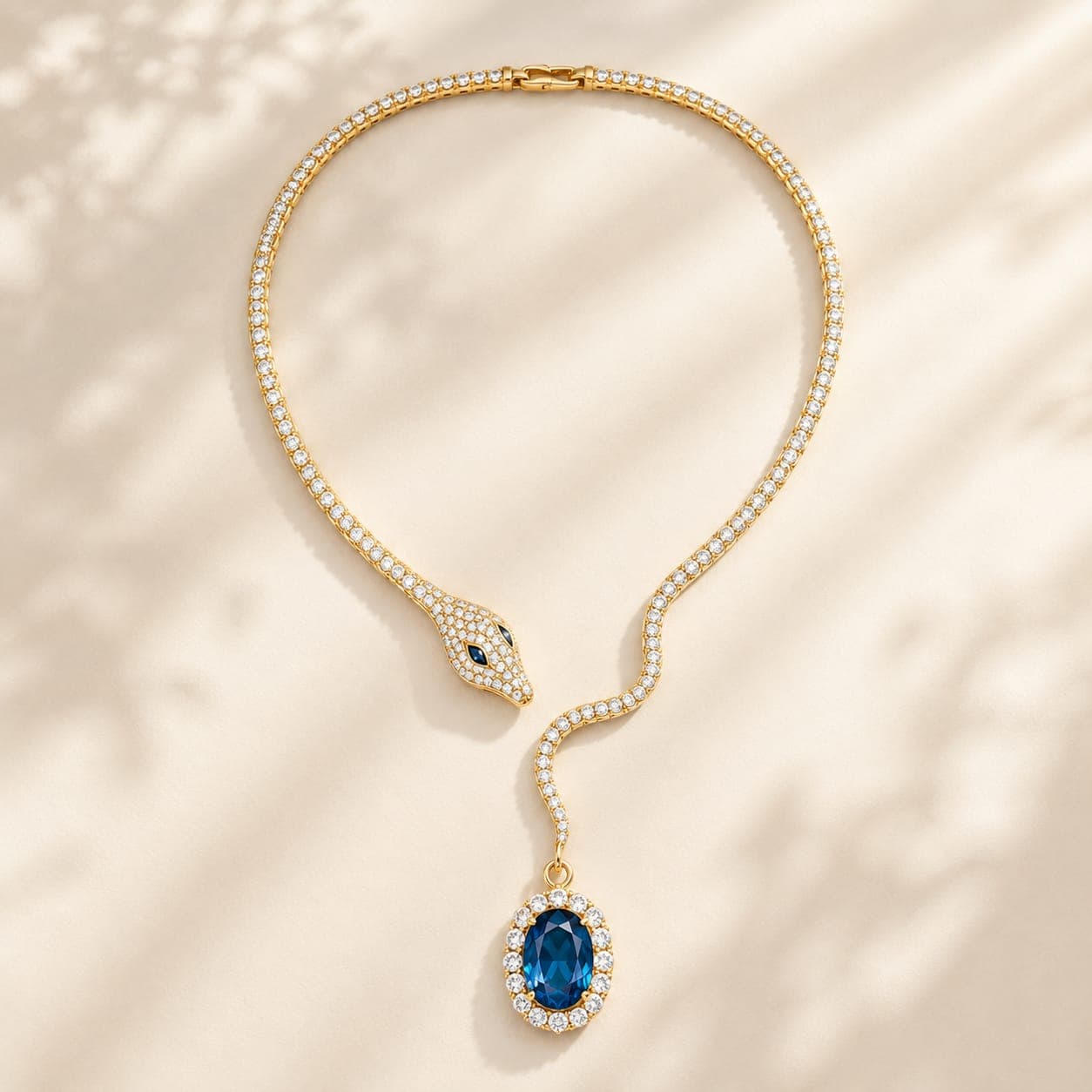 Blue Oval & VVS1 White Diamond Snake Necklace