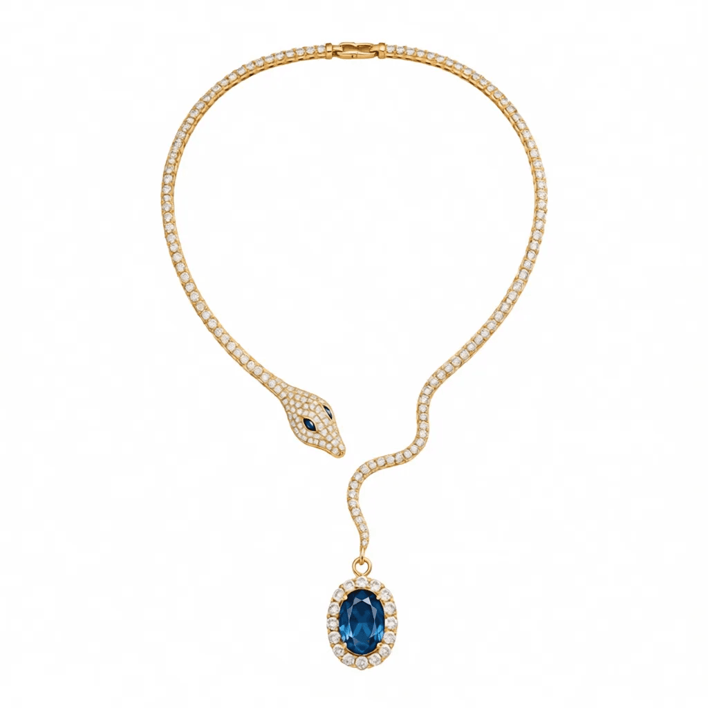 Blue Oval & VVS1 White Diamond Snake Necklace